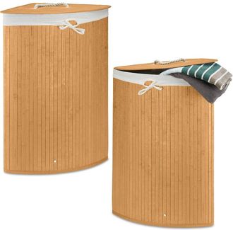 Relaxdays Set De 2 Cestos Ropa Sucia Esquineros, Cubo Colada Plegable Con Tapa, Canasta, Bamb&uacute;, 65 X 49,5 X 37 Cm, Natural