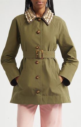Veronica Beard Langham Waxed Belted Dickey Coat with Removable Collar in Army at Nordstrom, Size X-Large