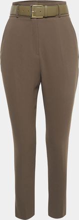 Elisabetta Franchi Olive Green Crepe Belted Slim Fit Trousers
