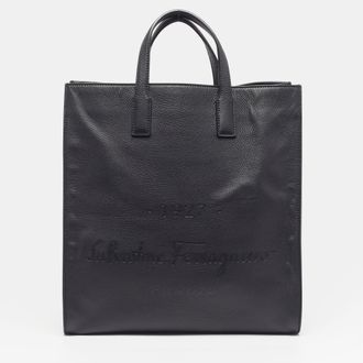 Ferragamo Logo Embossed Black Leather Tote