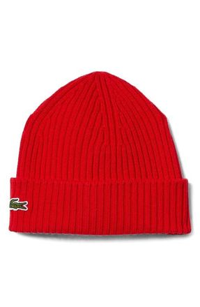 Lacoste Wool Cuff Beanie in Rouge at Nordstrom