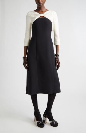 Valentino Bow Colorblock Crepe Couture Midi Dress in Black/Ivory at Nordstrom, Size 10 Us
