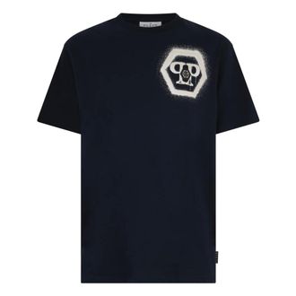 Philipp Plein Tops, Heren, Blauw, XL, Katoen, Round Neck T-Shirt Spray Hexagon
