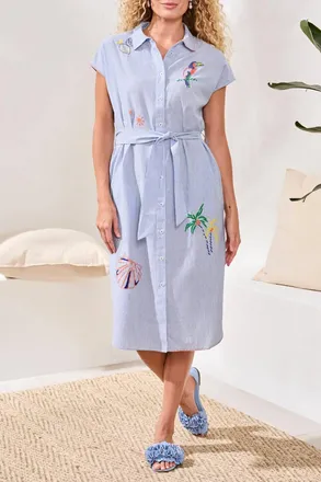Tribal Embroidered Stripe Belted Shirt Midi Dress In Blue