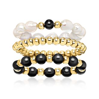 Ross-Simons 3-4mm Cultured Pearl and 3-3.5mm Onyx Bead Jewelry Set: 3 Stretch Rings With 10kt Yellow Gold. Large (9-10)