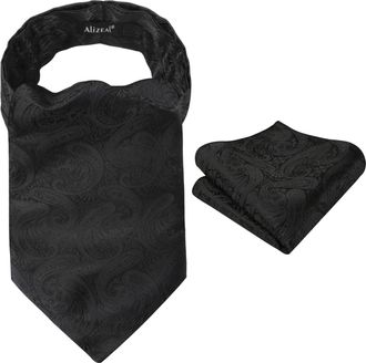 Alizeal Mens Paisley Jacquard Ascot Hanky Business Formal Classic Elegant Gift Cravat Tie and Pocket Square Set, Black