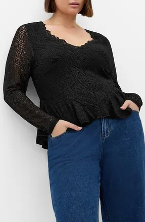 City Chic Lola Long Sleeve Lace Shirt in Black at Nordstrom, Size 16W