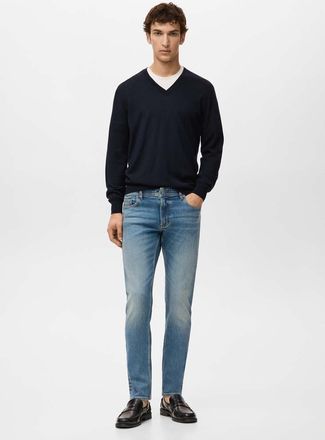 Mango Pullover 100% lana merino collo a V navy - Uomo - L - MANGO MAN