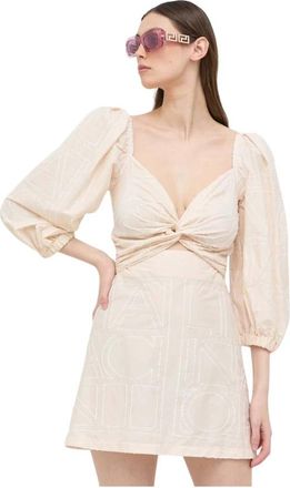 Liviana Conti Jurk met pofmouwen en borduursel - Dames - Korte kleedjes - Beige - L - Katoen - Kleedjes