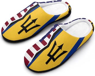 Generic US & Barbados Flag Funny Mens Cotton Slippers Soft Non-Slip Rubber Sole House Slipper Indoor Outdoor