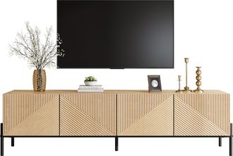 STILVORA Mueble Tv Con 4 Puertas, Push-to-open, Pasacables, Dise&ntilde;o Geom&eacute;trico 3d, En Mdf, Natural, 163,5&times;40&times;45 Cm