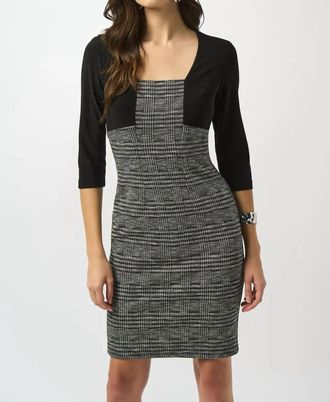 Joseph Ribkoff Plaid Printthree Quarter Sleeves Sheath Dress In Black/white