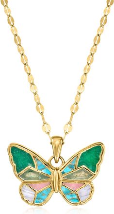 Ross-Simons Multi-Gemstone Inlay Butterfly Pendant Necklace in 18kt Gold Over Sterling