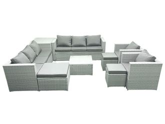 Fimous Outdoor Rattan Sofa Garden Furniture Set with 2 Armchairs Square Coffee Table 3 Footstools Side Table Light Grey Mixed