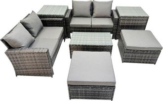 Fimous Fimous 6 Seater Wicker PE Rattan Furniture Outdoor Coffee Table Double Seat Sofa 2 Big Stool 2 Side Tables Set Dark Grey Mixed