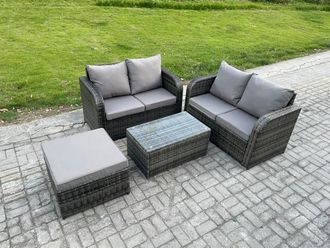 Fimous Outdoor Lounge Sofa Set Rattan Garden Furniture Set with Rectangular Coffee Table Big Footstool Dark Grey Mixed