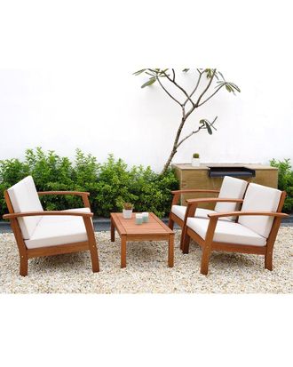 Amazonia Teak Outdoor Patio 4Pc Wood Seating Set With Off-White Cushions