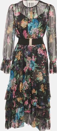 Zimmermann Black Floral Print Chiffon Asymmetric Midi Dress