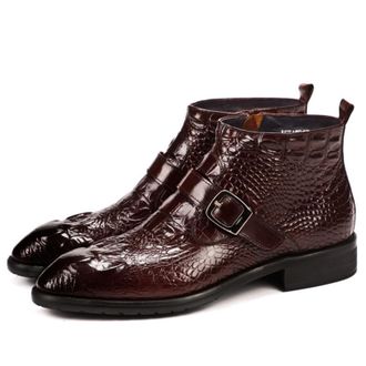 Generic Mens Low Block Heel Formal Boots Pointed Toe Ankle Boots with Side Zipper Patent Leather Office Dress Shoes with Buckle,Burgundy,6.5 UK