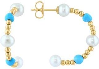 Effy 14K Yellow Gold Freshwater Pearl & Turquoise Beaded Hoop Earrings in Blue at Nordstrom Rack