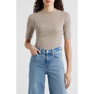 Frame Denim The Stripe Mock Neck Rib Top in Camel Multi at Nordstrom, Size X-Small