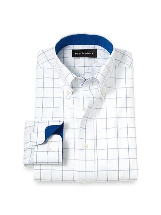 Paul Fredrick Slim Fit Non-iron Cotton Windowpane Dress Shirt With Contrast Trim