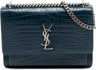Saint Laurent Borsa a tracolla Sunset media in pelle di vitello goffrata effetto coccodrillo con battente 2018 - Blu
