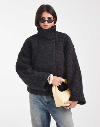 Object cappotto corto premium in misto lana con collo a imbuto e fodera borg grigio scuro