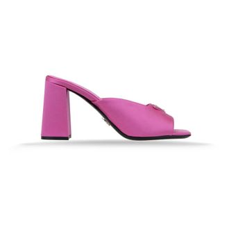 Prada Heeled Mules, female, Pink, Size: 7 1/2 US Silver Logo Embellished Slip-On Sandals