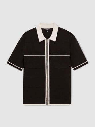 Reiss Black & stone Compact-knit Tipped Zip-through Shirt, L