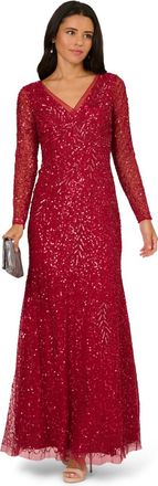 Adrianna Papell Womens Long Sleeve Bead Dress - Red - Size 10 UK