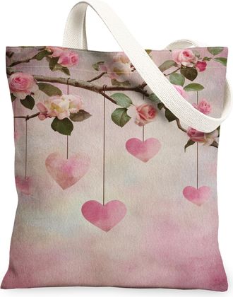 Generic Floral Heart Canvas Tote Bags, Romantic Flower Hanging Design Reusable Grocery Bags, Spring Vintage Soft Washable Shoulder, Peach, 13x15 Inch