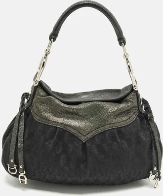 Aigner Black/green Jacquard Canvas And Iridescent Leather Shoulder Bag