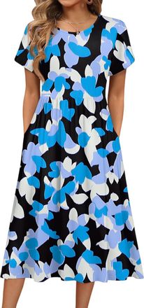 Generic Womens Casual Dress Ladies Summer Dresses Cotton Dresses Chic Crew Neck Floral Print Petal Short Sleeve Tied Midi Dress with Pockets Plus Size Sundres