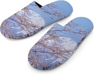 Generic Cherry Blossoms Fuji Mountain Warm Mens Slippers Slip On Soft Fleece House Shoes Winter Indoor Outdoor