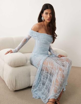Asos Vestito lungo a maniche lunghe in pizzo blu con spalle scese