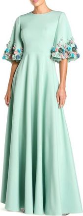 Mac Duggal Crepe 3/4 Sleeve 3D Flower Trim A Line Gown in Sage at Nordstrom, Size 14