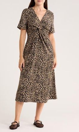 Nordstrom Rack Twist Front Midi Dress in Black- Olive Leopard Lore at Nordstrom Rack, Size Xx-Small