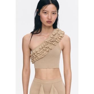 H&M Ruffled One-shoulder Crop Top in Beige at Nordstrom, Size X-Small