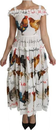 Dolce & Gabbana Elegante witte midi-jurk met haanprint - Dames - Maxi kleedjes - Veelkleurig - XS - Katoen - Kleedjes