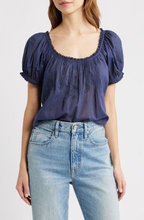 D&ocirc;en Frederica Floral Embroidered Organic Cotton Voile Top in Adriatic at Nordstrom, Size Xx-Large