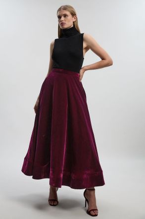 Karen Millen Womens Velvet Woven Prom Maxi Skirt - Wine - Size 12 UK