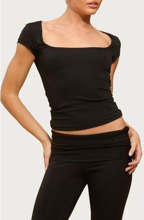 Edikted Delaney Square Neck Cap Sleeve Crop Top in Black at Nordstrom, Size X-Large