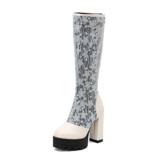 Generic Womens High Heeled Long Boots with Zipper PU Leather Knee High Boots Round Toe Platform Boot,Blue,10.5 UK