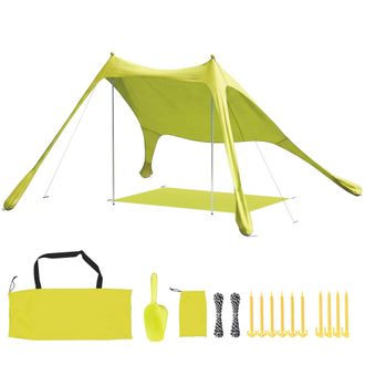 OUTSUNNY Toldo Playa Plegable 208x200 Cm, Con Esterilla, Upf50+, Postes De Aluminio, Pala, Estacas Y Bolsa De Transporte, Verde Amarillento
