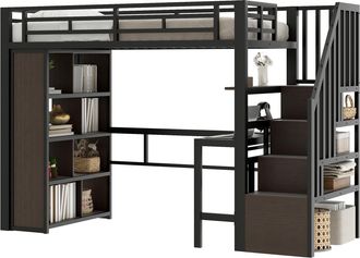 STILVORA Cama Alta 90 X 200 Cm Con Escritorio, Escalera De Almacenamiento Y Led, Sin Colch&oacute;n, De Metal, Negro