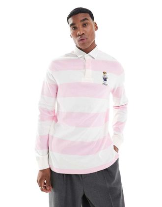 Polo Ralph Lauren Polo stile rugby rosa e bianca a righe con logo a orsetto heritage