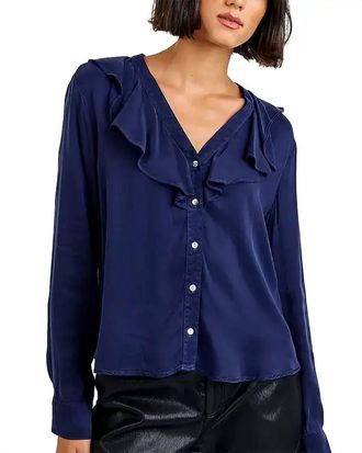 Bella Dahl Long Sleeve Ruffle V-Neck Blouse In Polar Eclipse