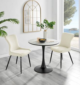 Furniturebox Elina White Marble Effect Scratch Resistant Dining Table & 2 Nora Black Leg Velvet Chairs in Cream