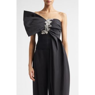 Oscar De La Renta Crystal Embroidered Bow Faille Bustier Top in Black at Nordstrom, Size 10